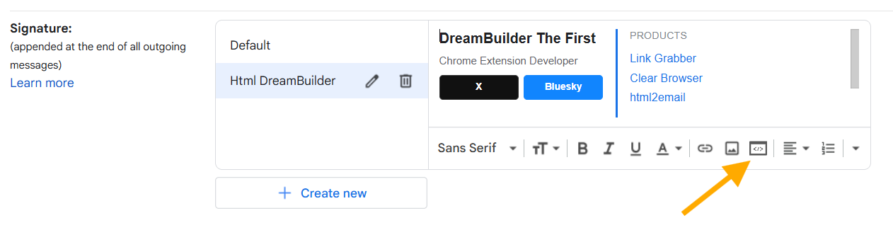 Gmail Settings Signature toolbar with html2email </> HTML insert button highlighted