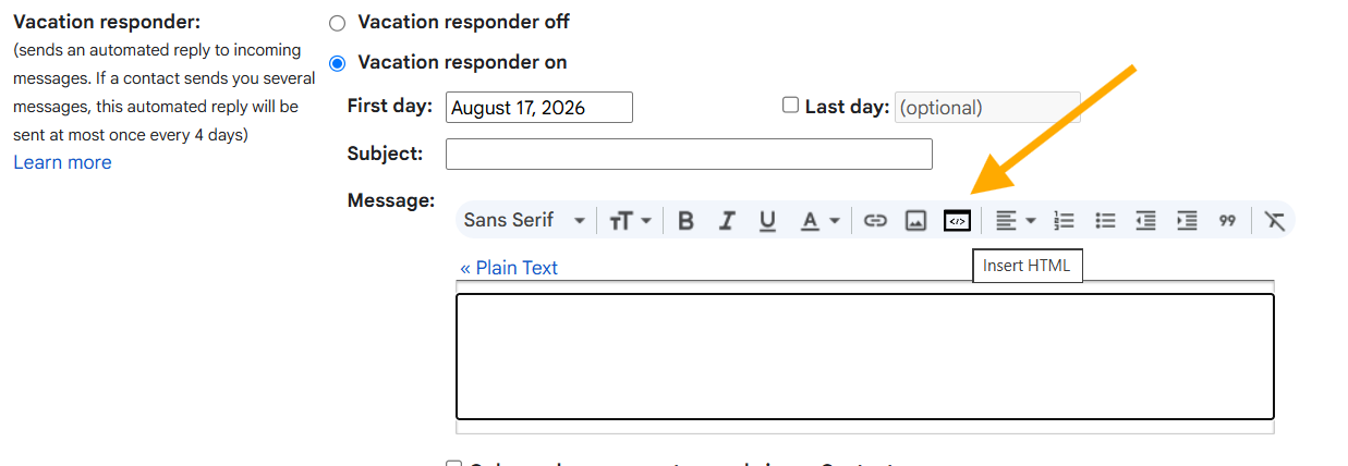 Gmail Settings Vacation responder with html2email Insert HTML button highlighted by an orange arrow