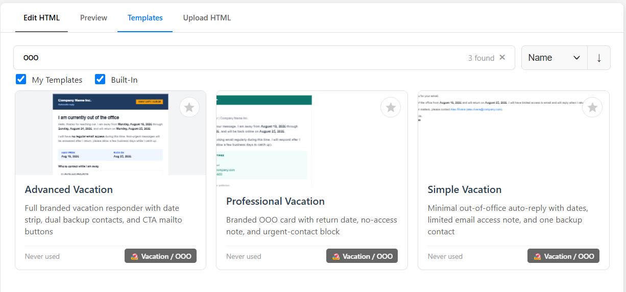 html2email Templates tab search for ooo showing Advanced, Professional, and Simple Vacation templates