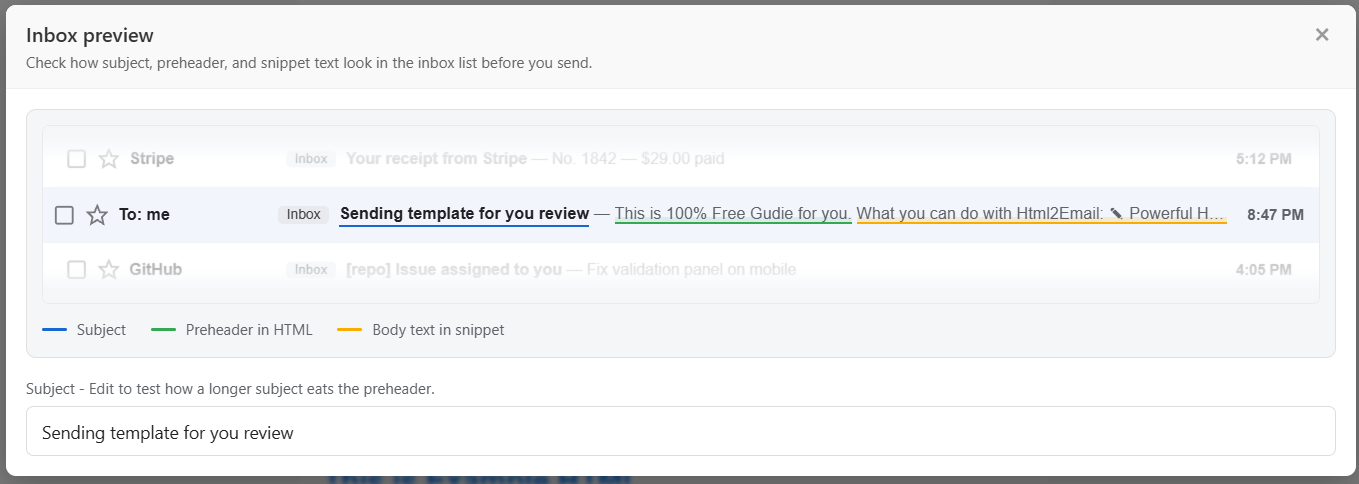 html2email Inbox preview showing subject, preheader, and body snippet in a Gmail-like inbox row