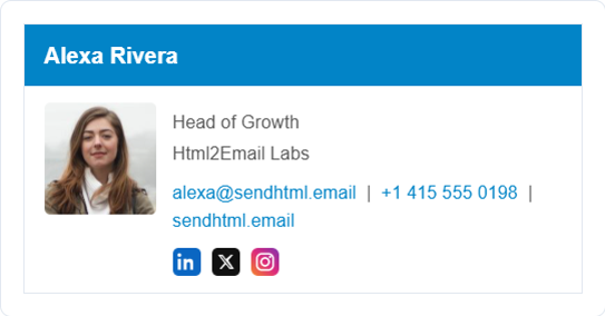 Banner HTML email signature with a colored name strip above the photo and contacts