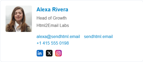 Info grid HTML email signature with photo and contacts in two columns