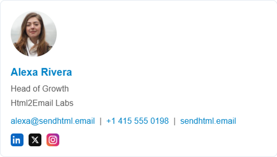 Minimal HTML email signature with a circular photo stacked above the name