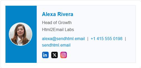 Split card HTML email signature with a colored side panel and circular photo