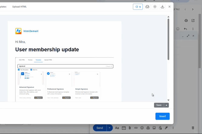 html2email Preview with a {} 9 variables badge, filling a membership update template, then Insert into Gmail compose